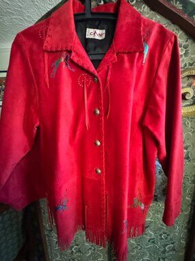 CHAR Santa Fe Red Suede Leather Fringe Leather Jacket